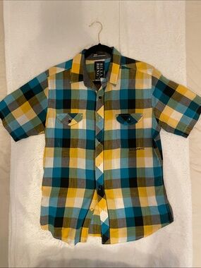 Billabong Men’s Short Sleeve Plaid Shirt - Teal, Yellow, Black
